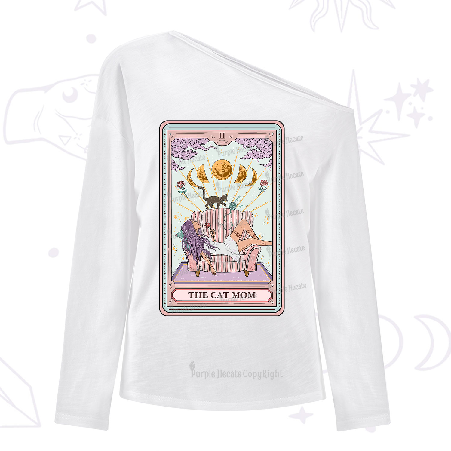 Purplehecate The Cat Mom Tarot One Shoulder Long Sleeve Shirt