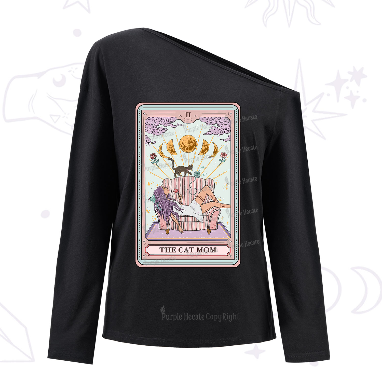 Purplehecate The Cat Mom Tarot One Shoulder Long Sleeve Shirt