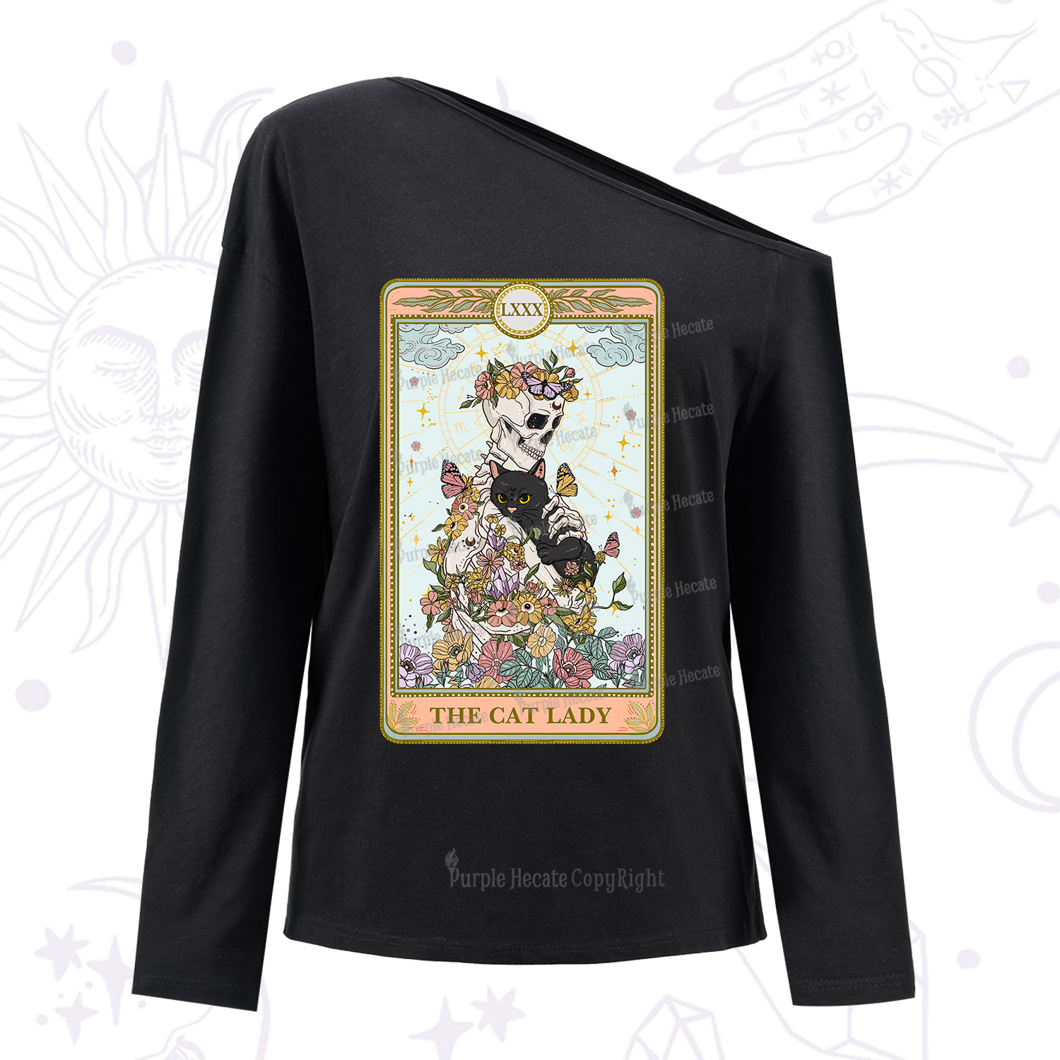 Purplehecate The Cat Lady Skeleton Tarot One Shoulder Long Sleeve Shirt