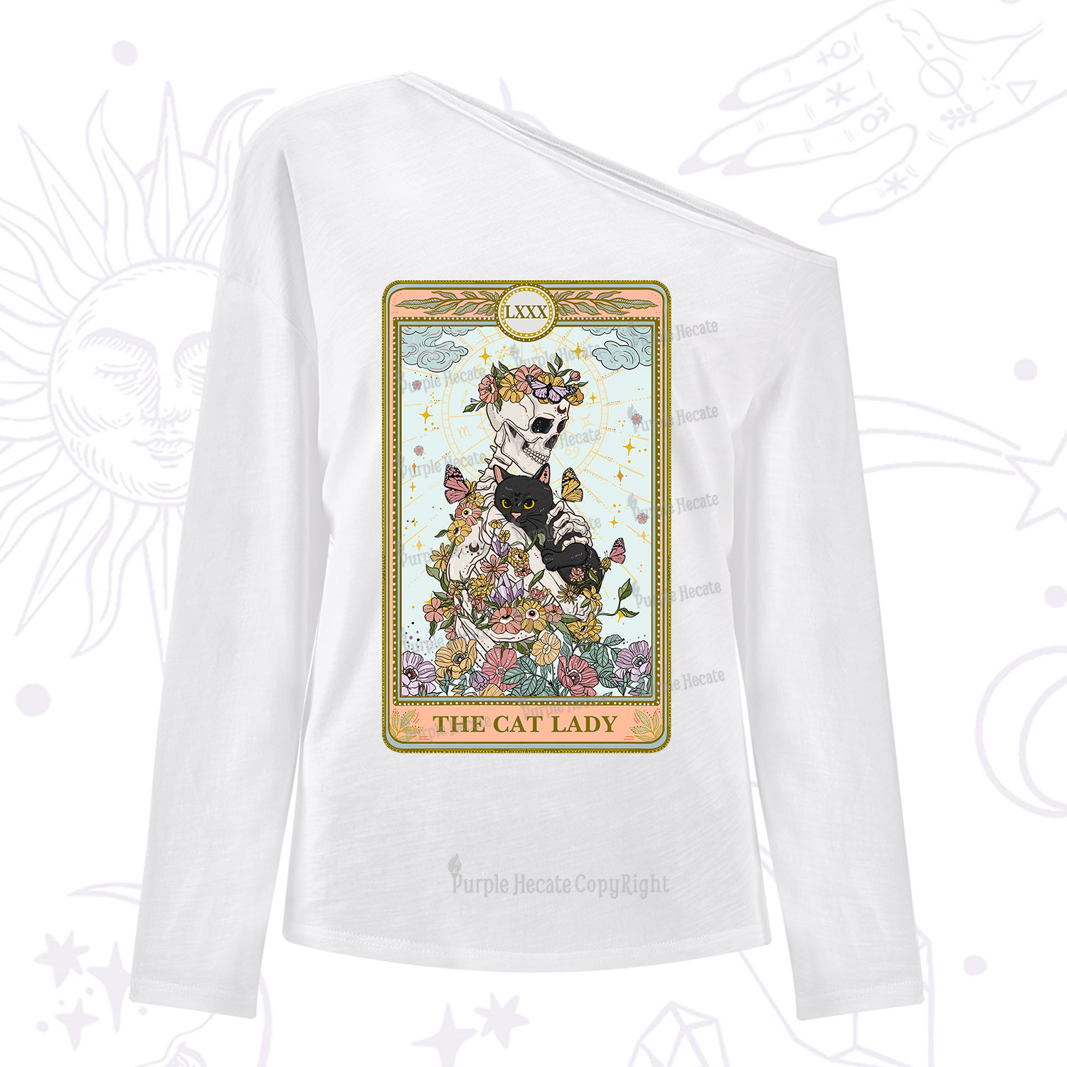 Purplehecate The Cat Lady Skeleton Tarot One Shoulder Long Sleeve Shirt