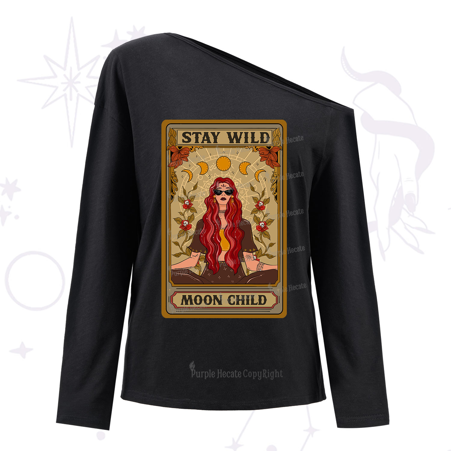 Purplehecate The Stay Wild Moon Child Oracle Card One Shoulder Long Sleeve Shirt