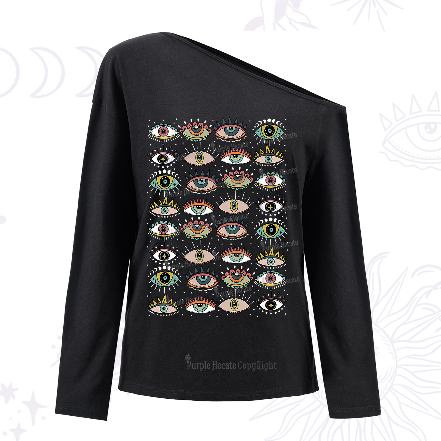 Purplehecate Evil Eye Pattern One Shoulder Long Sleeve Shirt