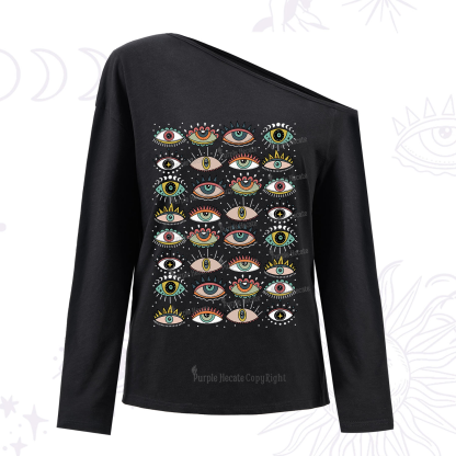 Purplehecate Evil Eye Pattern One Shoulder Long Sleeve Shirt
