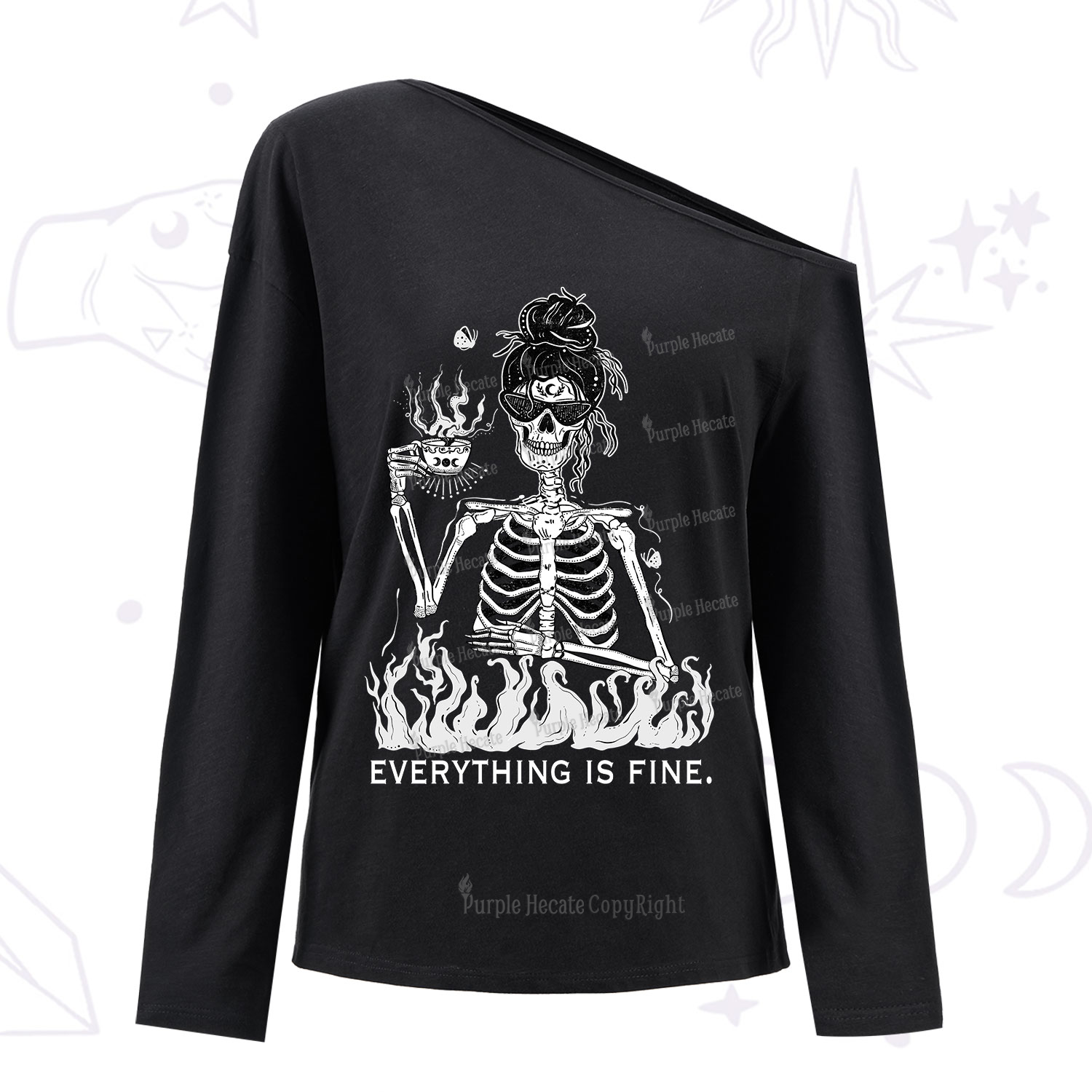 Purplehecate Everything Is Fine One Shoulder Long Sleeve Shirt