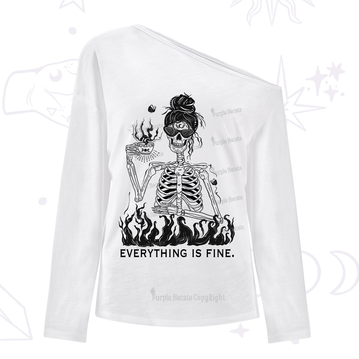 Purplehecate Everything Is Fine One Shoulder Long Sleeve Shirt