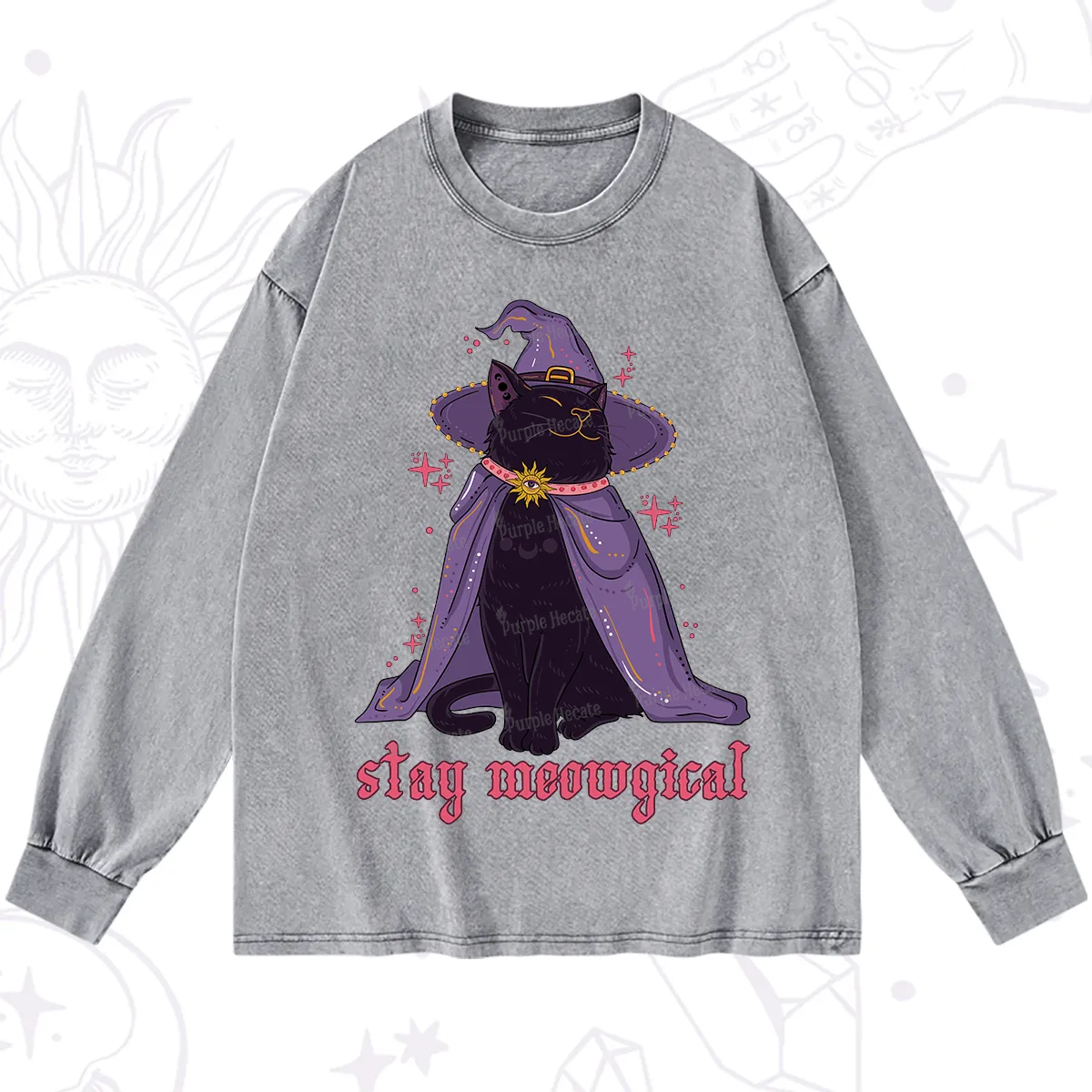 Purplehecate Stay Meowgical Cat Washed Long Sleeve Shirt