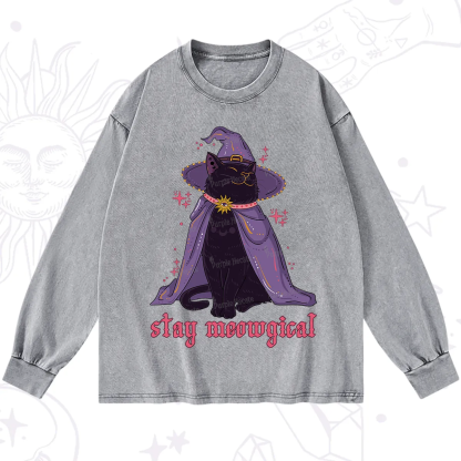 Purplehecate Stay Meowgical Cat Washed Long Sleeve Shirt