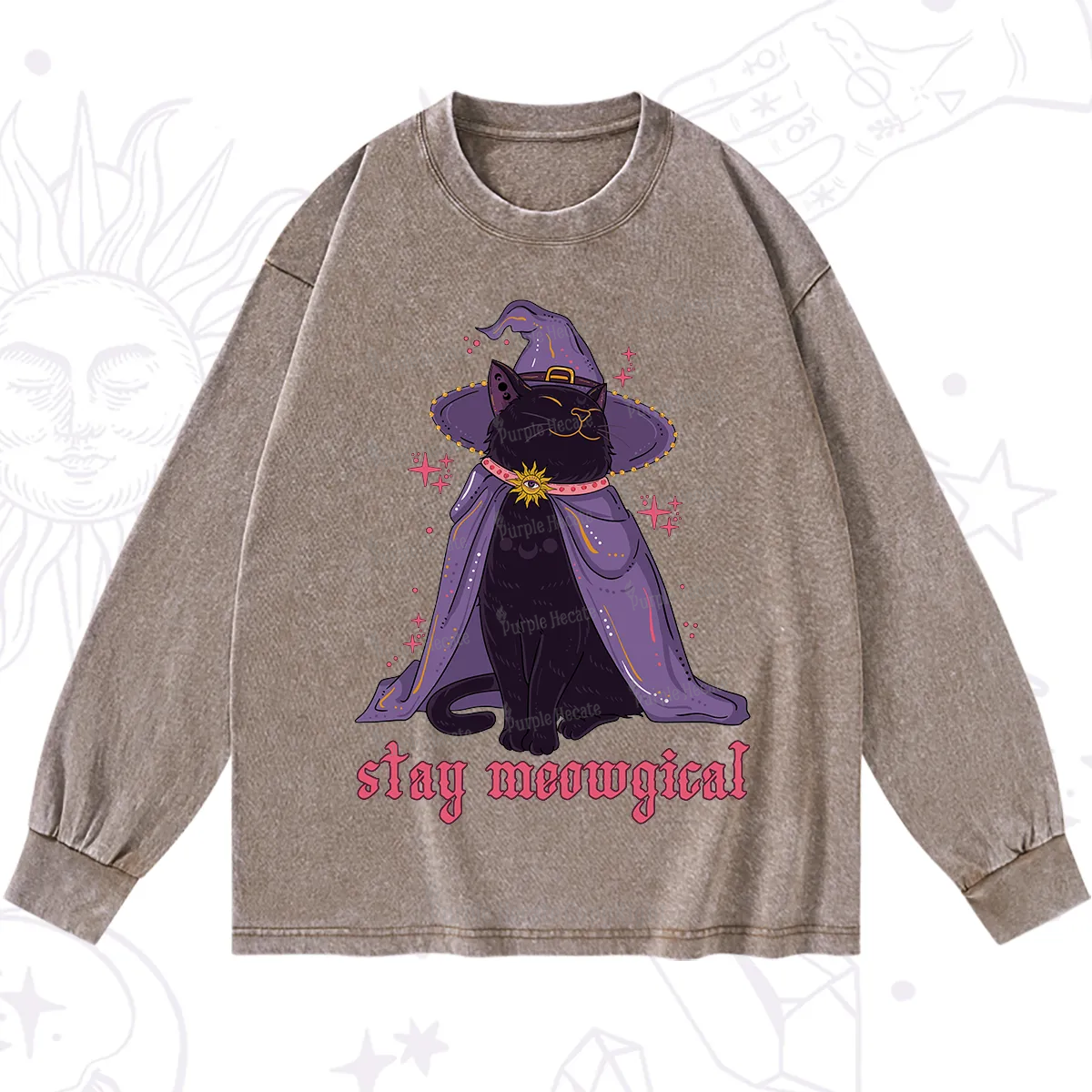 Purplehecate Stay Meowgical Cat Washed Long Sleeve Shirt