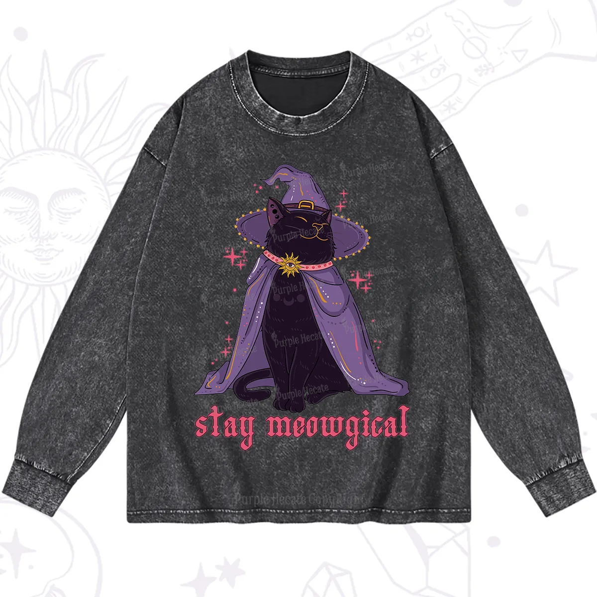 Purplehecate Stay Meowgical Cat Washed Long Sleeve Shirt
