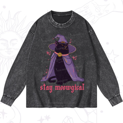 Purplehecate Stay Meowgical Cat Washed Long Sleeve Shirt