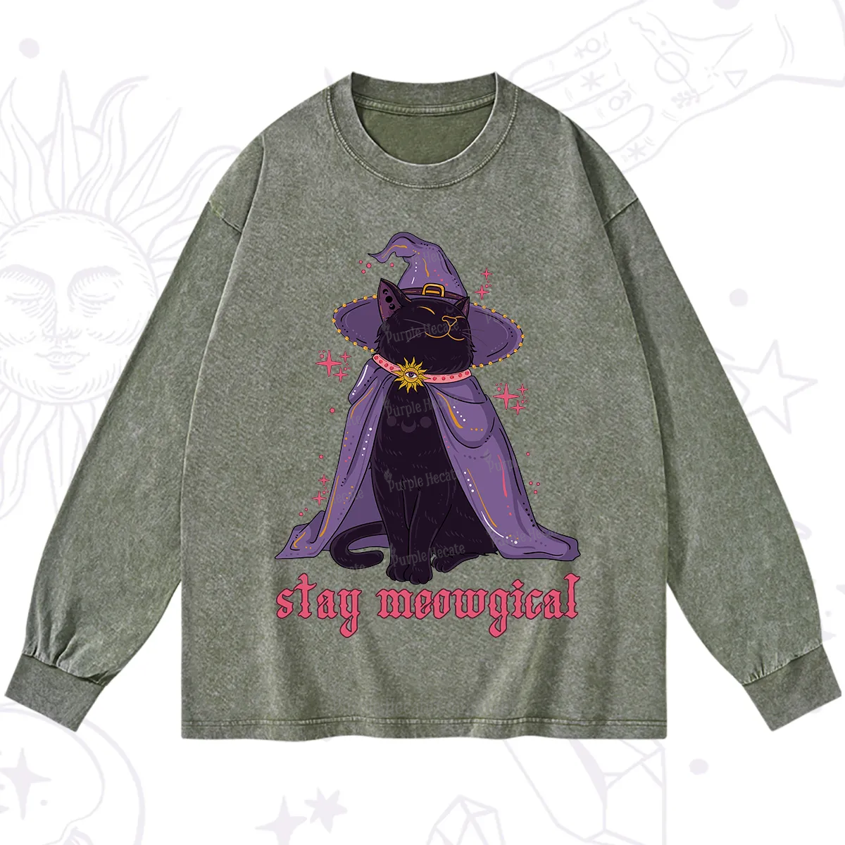 Purplehecate Stay Meowgical Cat Washed Long Sleeve Shirt