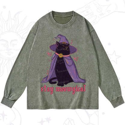 Purplehecate Stay Meowgical Cat Washed Long Sleeve Shirt