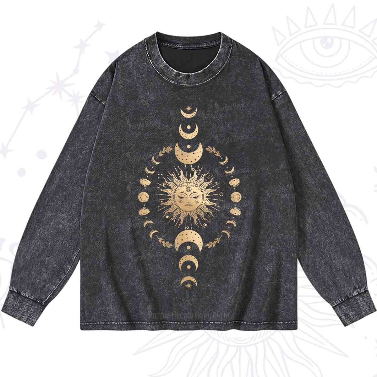 Purplehecate Celestial Sun & Moon Phases Washed Long Sleeve Shirt