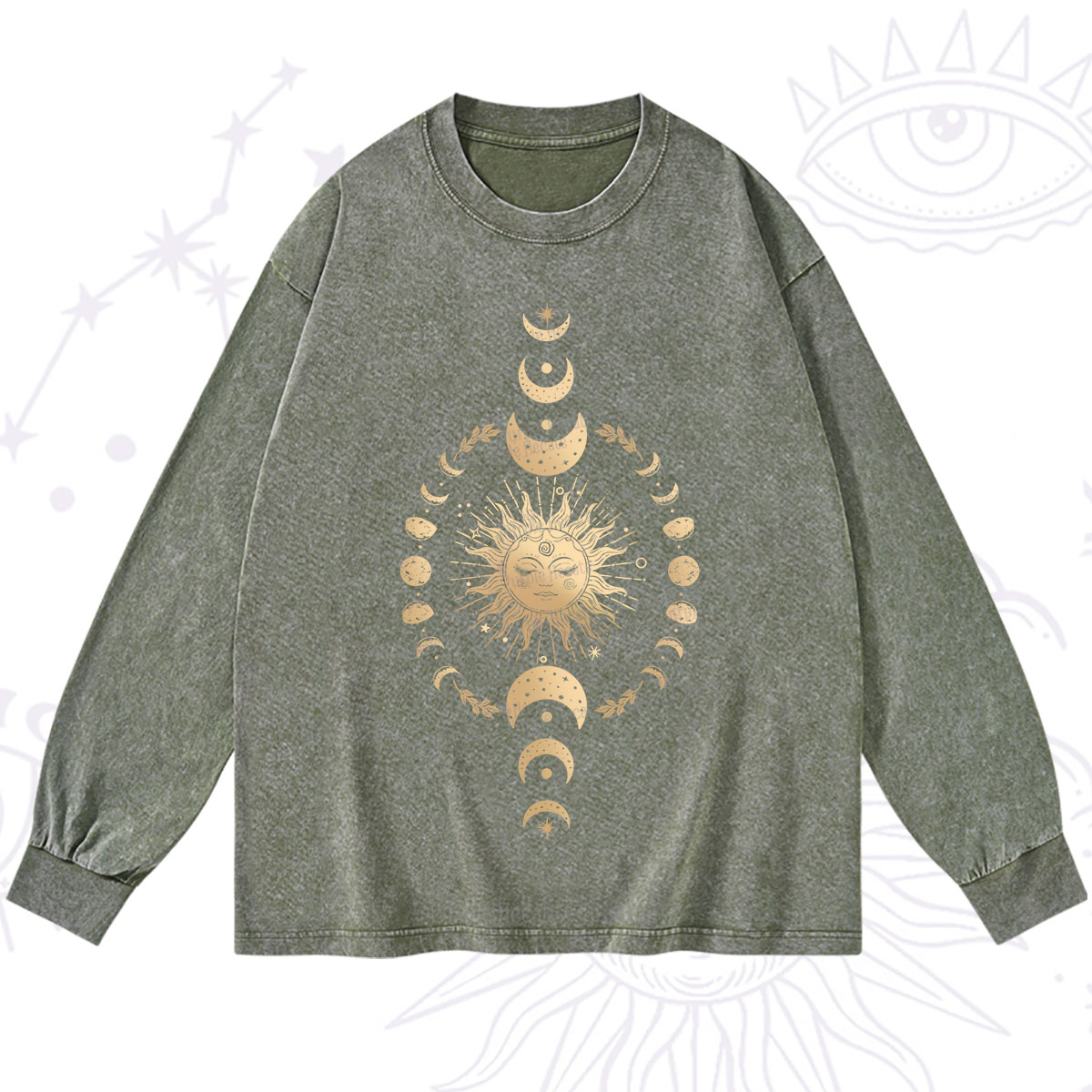 Purplehecate Celestial Sun & Moon Phases Washed Long Sleeve Shirt