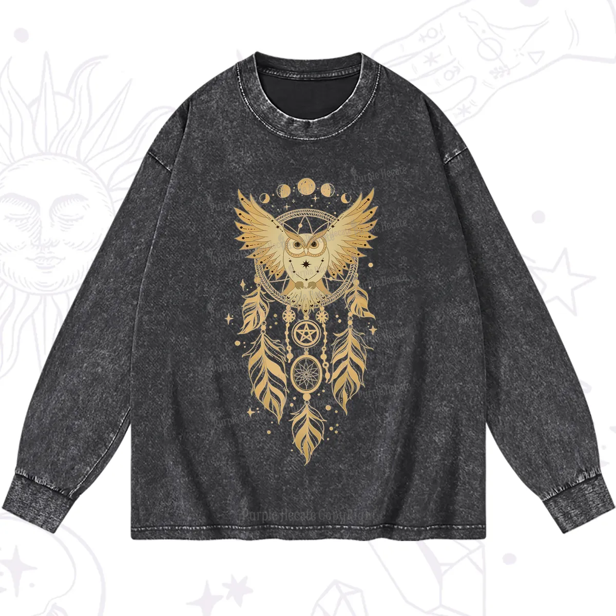 Purplehecate Mystical Owl Dreamcatcher Washed Long Sleeve Shirt