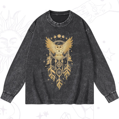 Purplehecate Mystical Owl Dreamcatcher Washed Long Sleeve Shirt