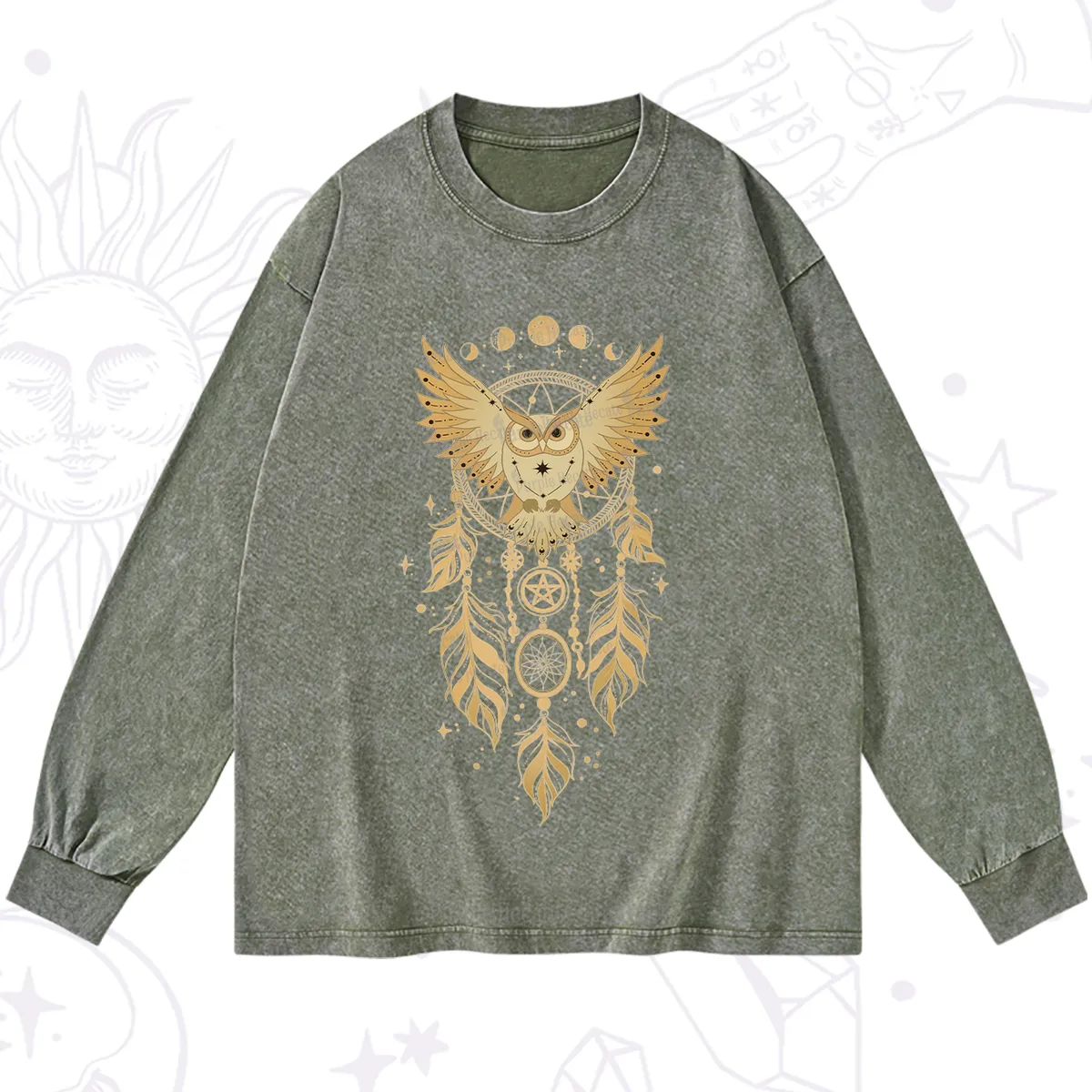 Purplehecate Mystical Owl Dreamcatcher Washed Long Sleeve Shirt