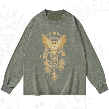 Purplehecate Mystical Owl Dreamcatcher Washed Long Sleeve Shirt