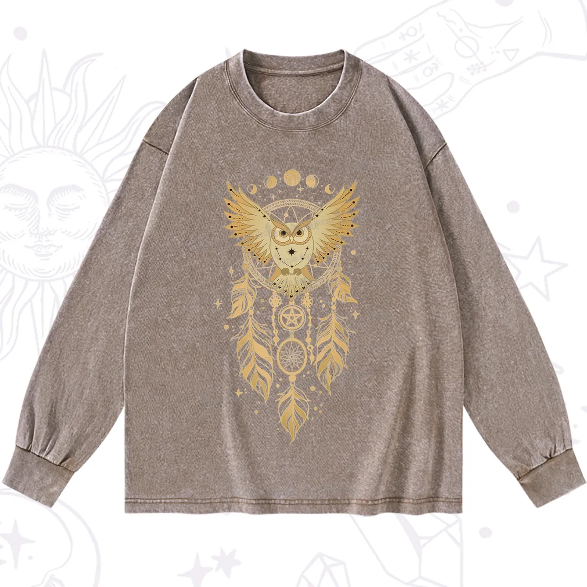 Purplehecate Mystical Owl Dreamcatcher Washed Long Sleeve Shirt