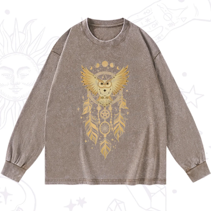 Purplehecate Mystical Owl Dreamcatcher Washed Long Sleeve Shirt