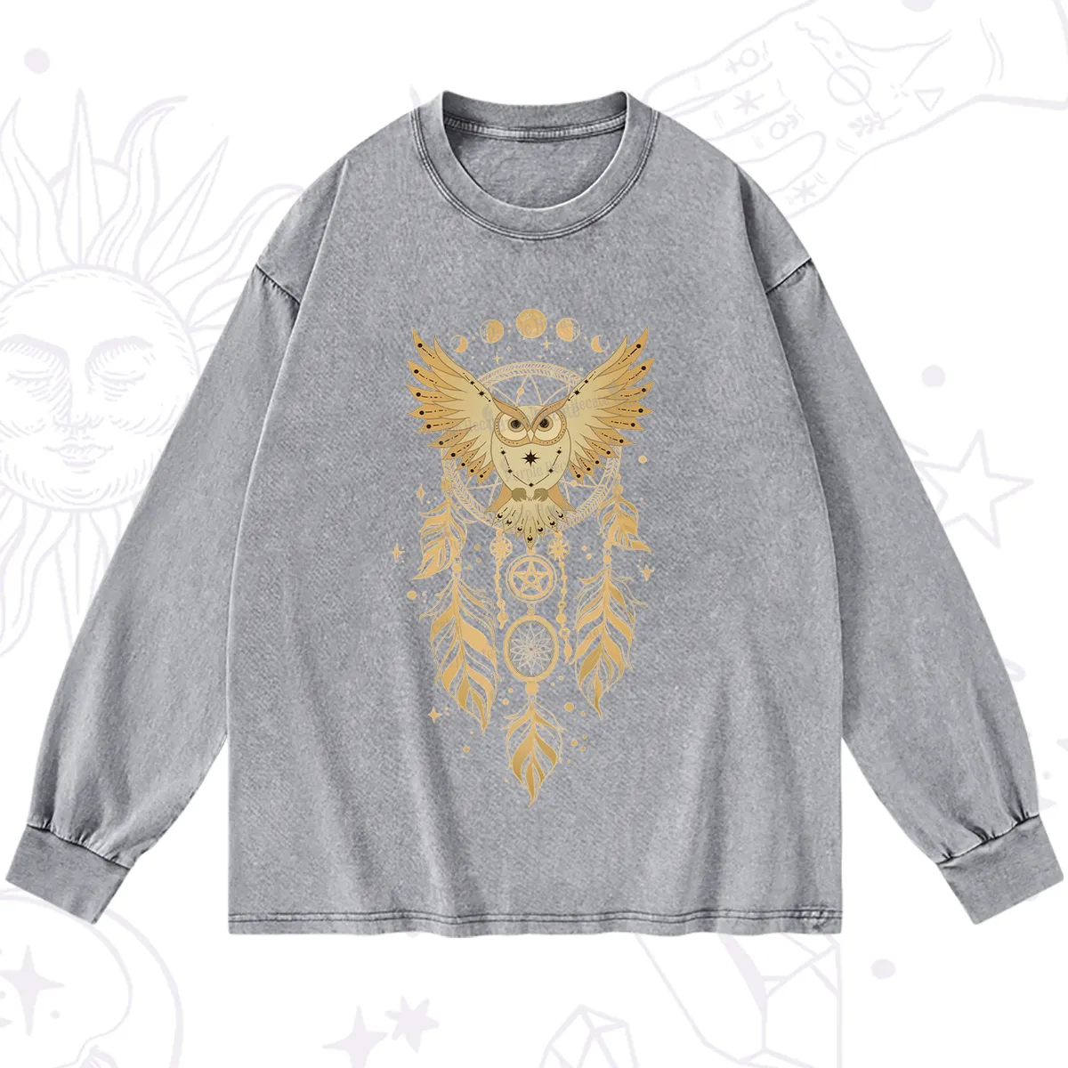 Purplehecate Mystical Owl Dreamcatcher Washed Long Sleeve Shirt