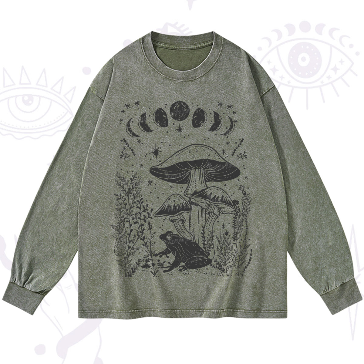 Purplehecate Celestial Frog Mushrooms Washed Long Sleeve Shirt