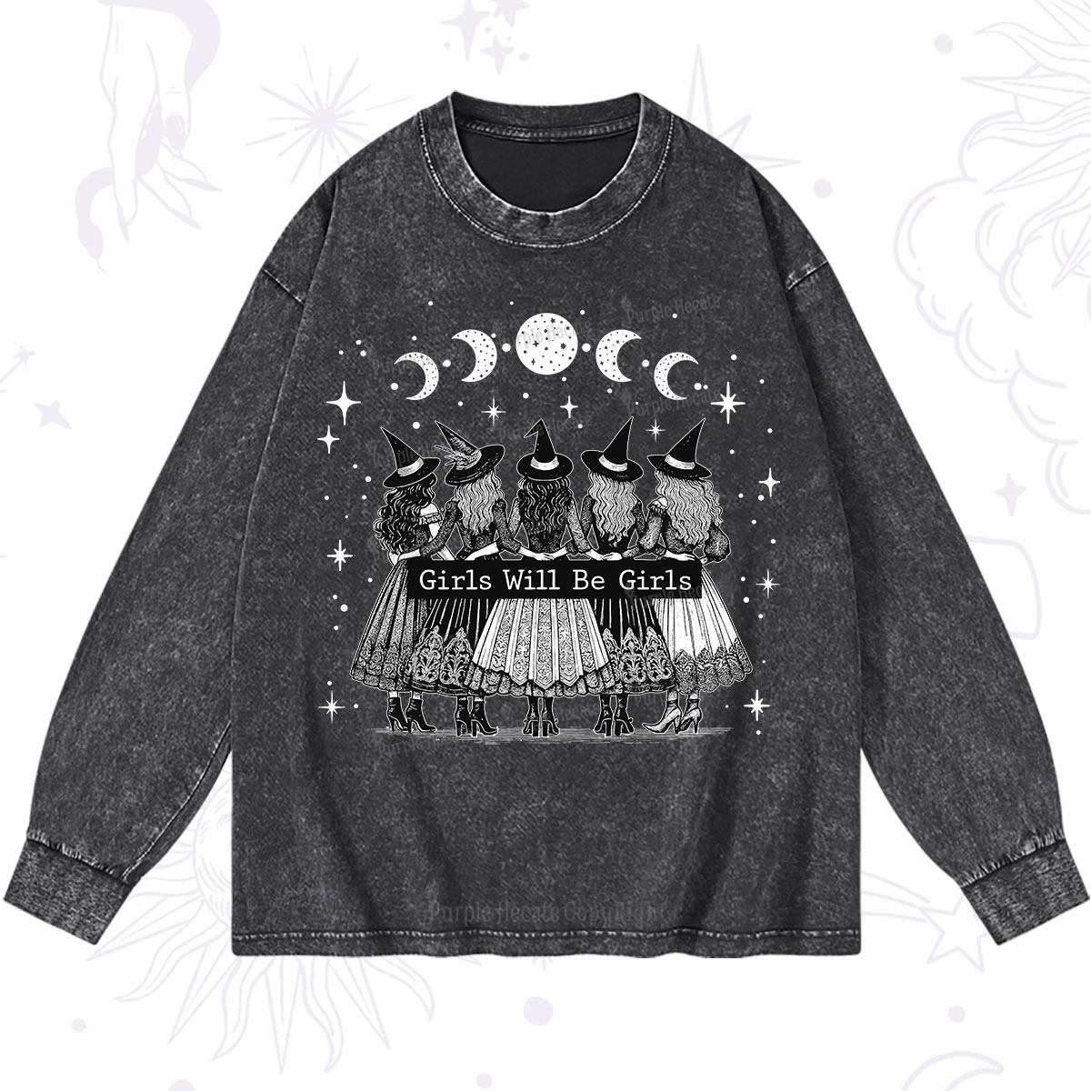 Purplehecate Girls Will Be Girls Witch Power Washed Long Sleeve Shirt