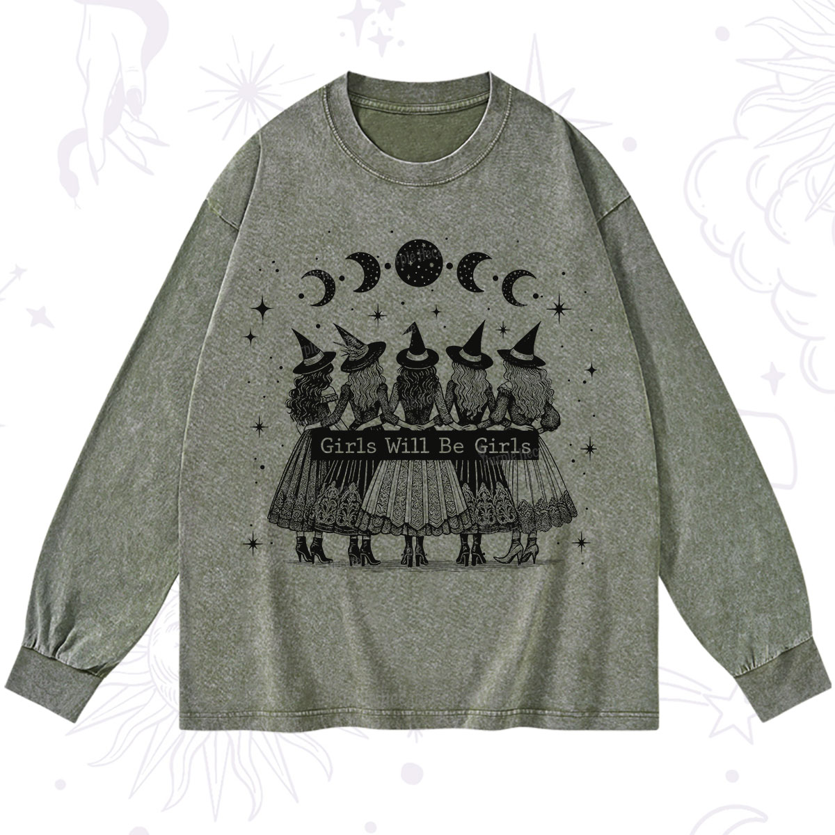 Purplehecate Girls Will Be Girls Witch Power Washed Long Sleeve Shirt