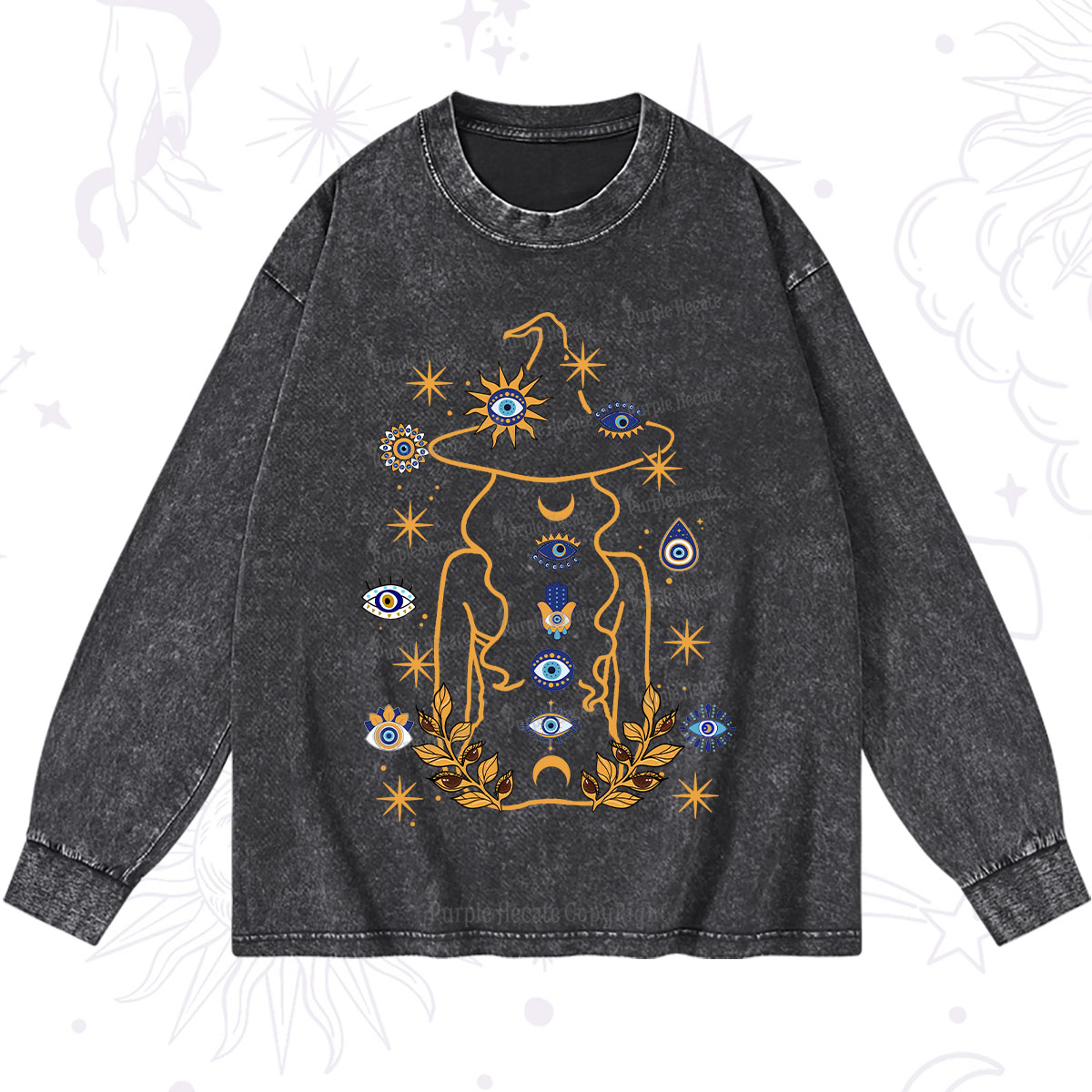Purplehecate Evil Eye Woman Back Washed Long Sleeve Shirt