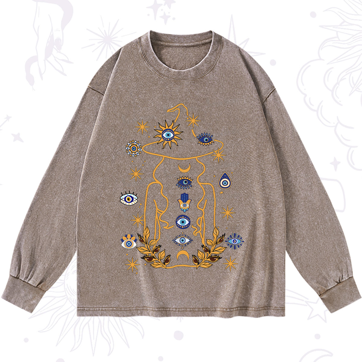 Purplehecate Evil Eye Woman Back Washed Long Sleeve Shirt