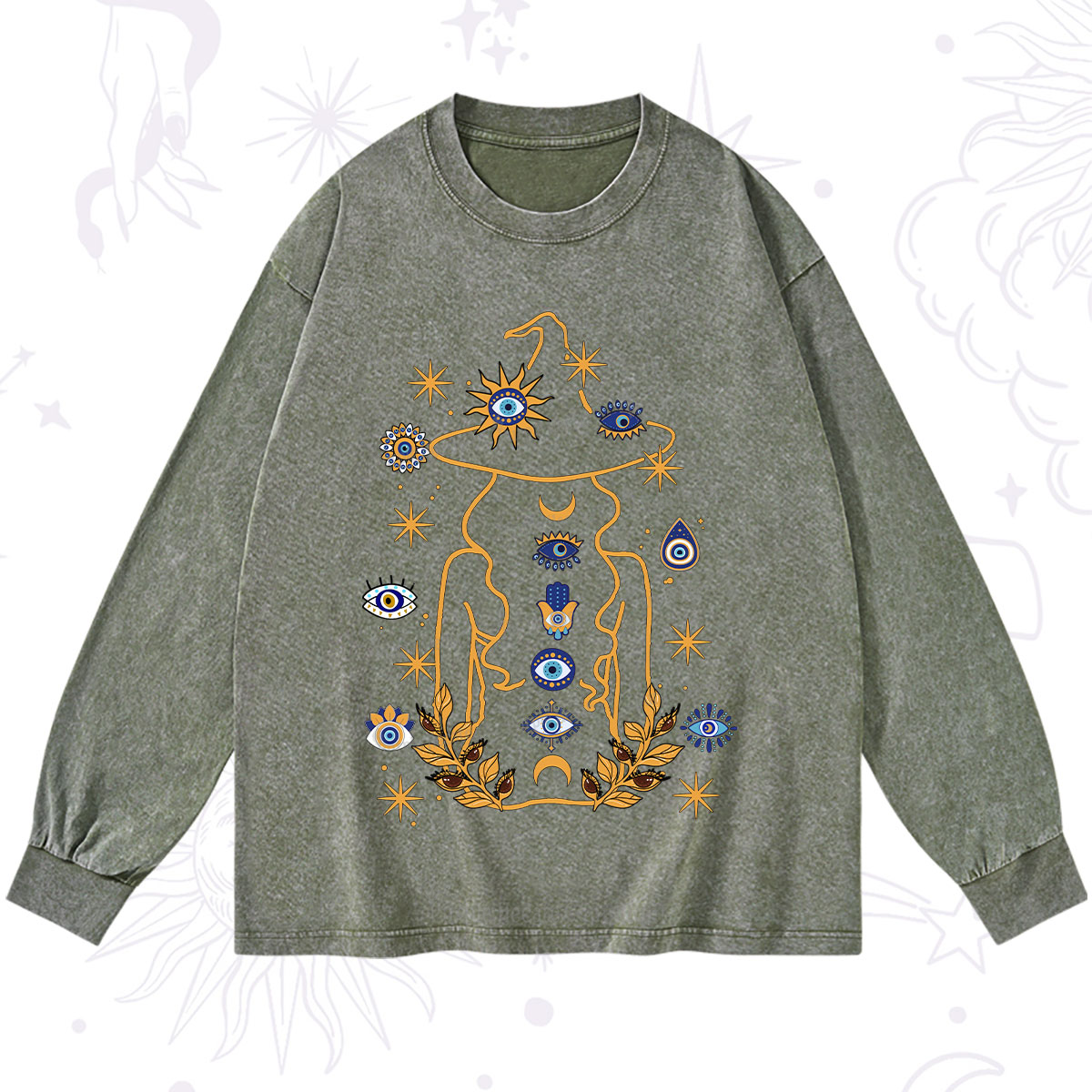 Purplehecate Evil Eye Woman Back Washed Long Sleeve Shirt