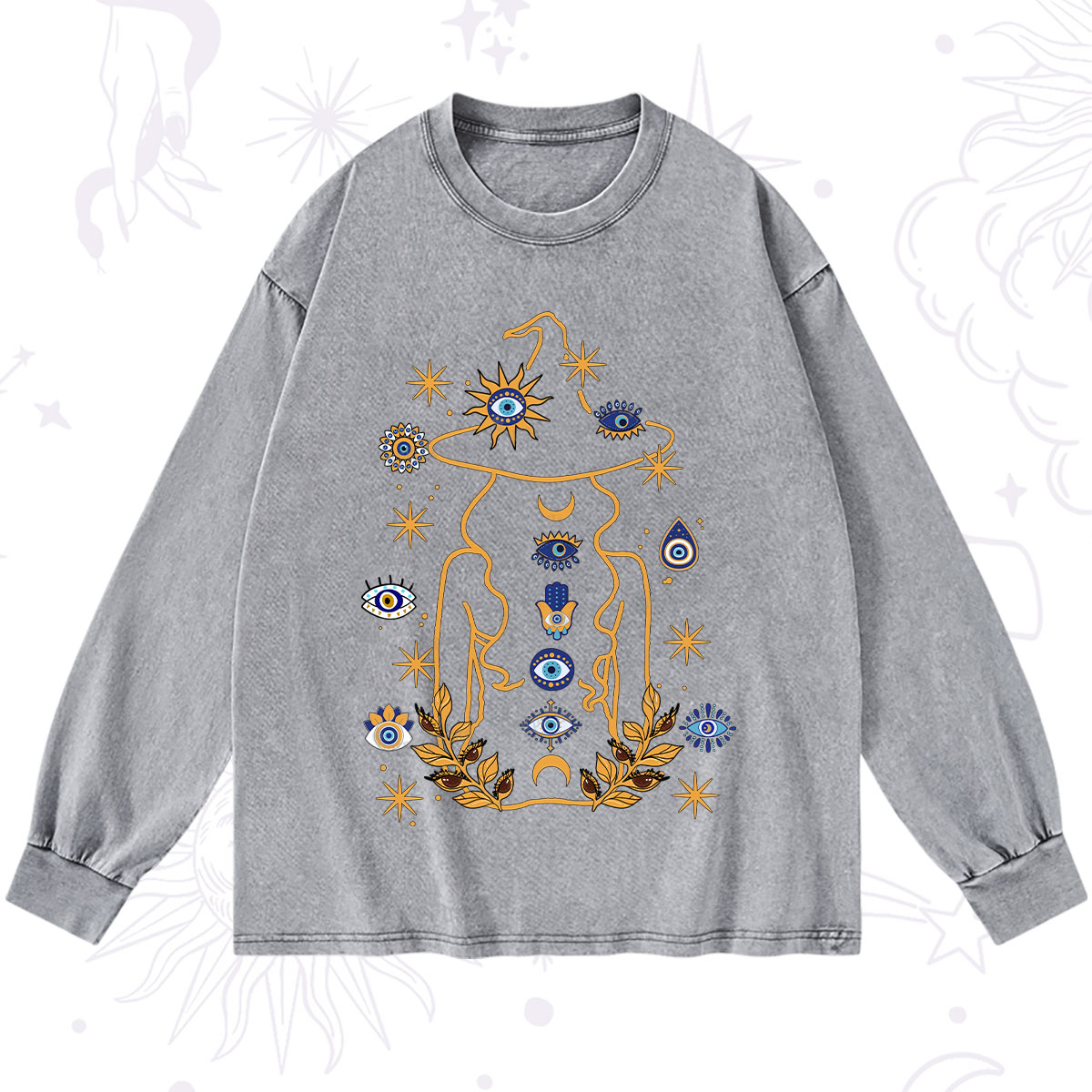 Purplehecate Evil Eye Woman Back Washed Long Sleeve Shirt