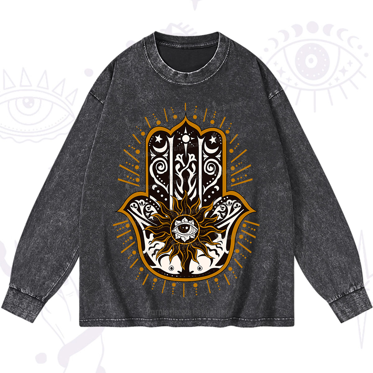 Purplehecate The Sun Eye Hamsa Washed Long Sleeve Shirt