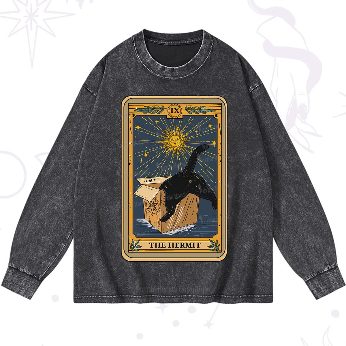 Purplehecate The Cardboard Hermit Cat Tarot Washed Long Sleeve Shirt