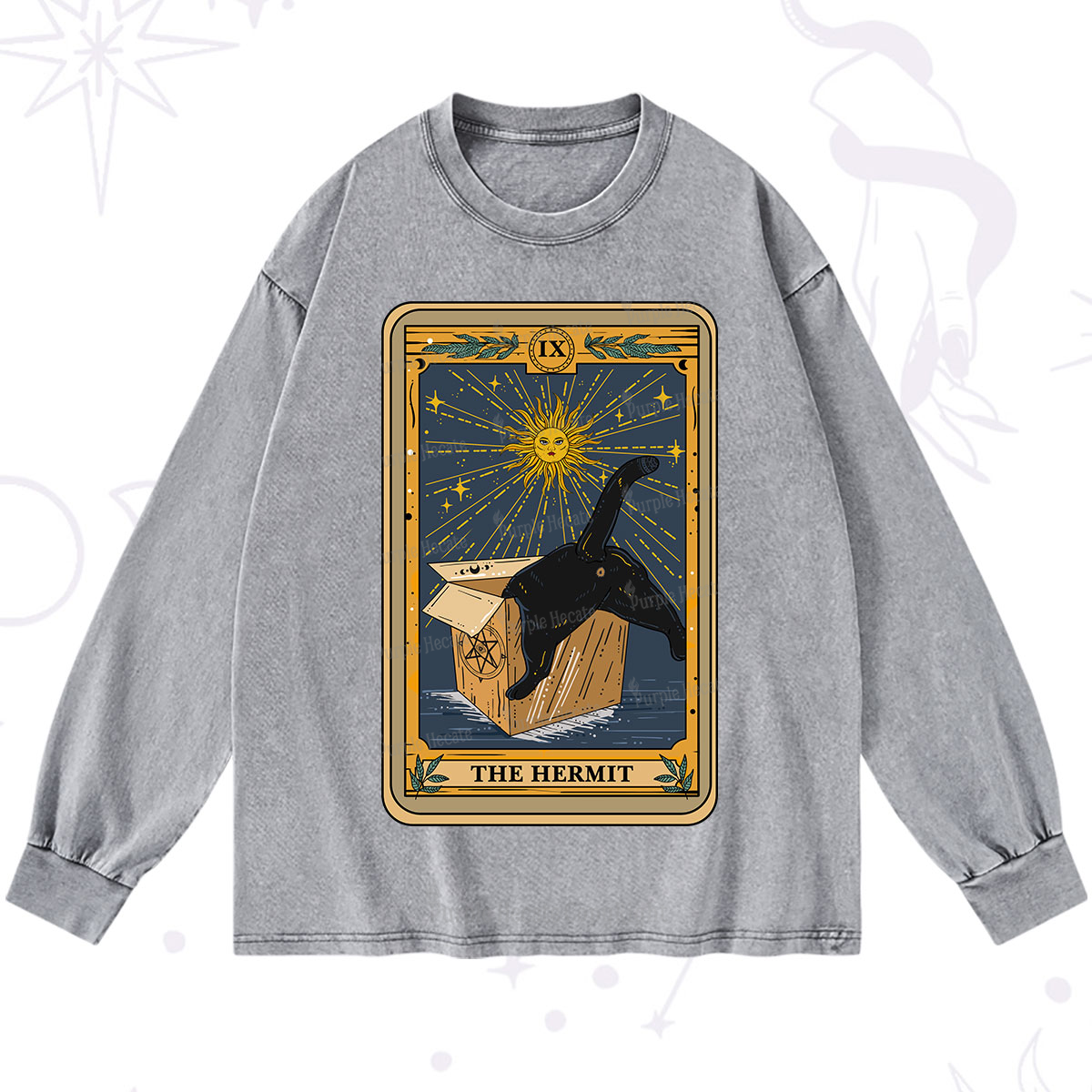 Purplehecate The Cardboard Hermit Cat Tarot Washed Long Sleeve Shirt