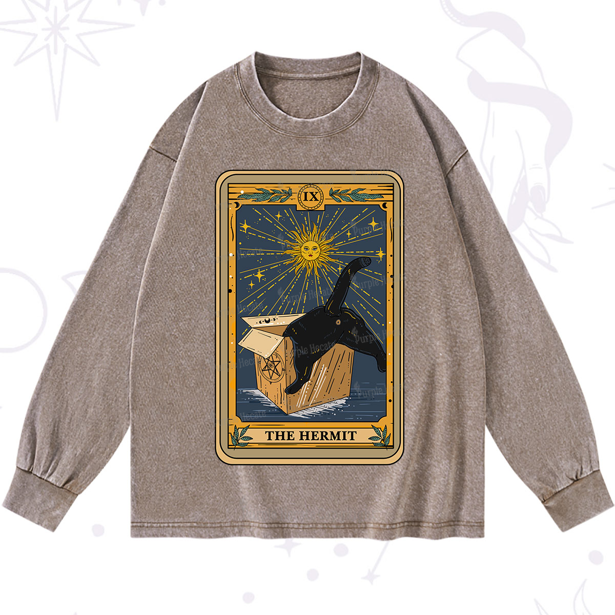 Purplehecate The Cardboard Hermit Cat Tarot Washed Long Sleeve Shirt