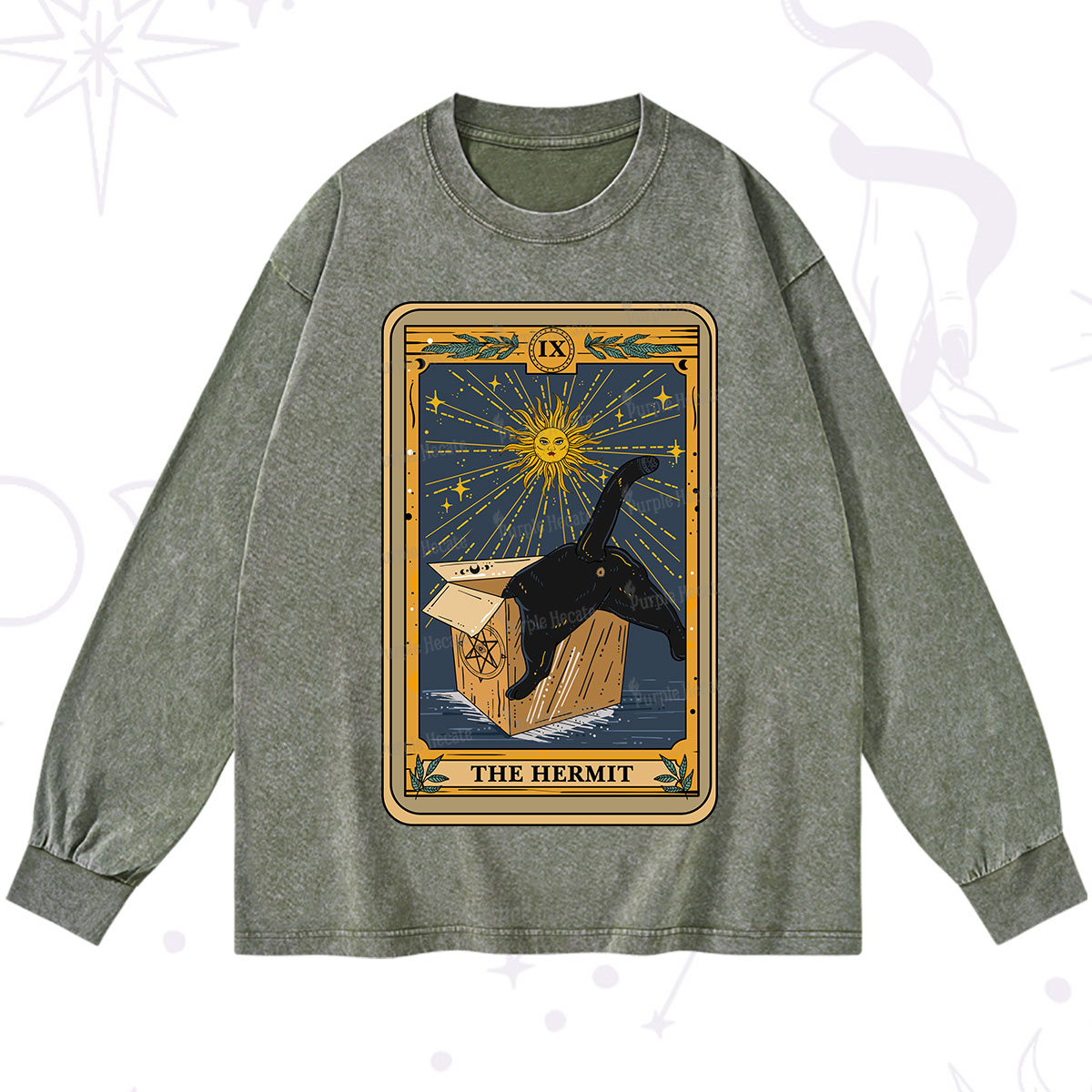 Purplehecate The Cardboard Hermit Cat Tarot Washed Long Sleeve Shirt