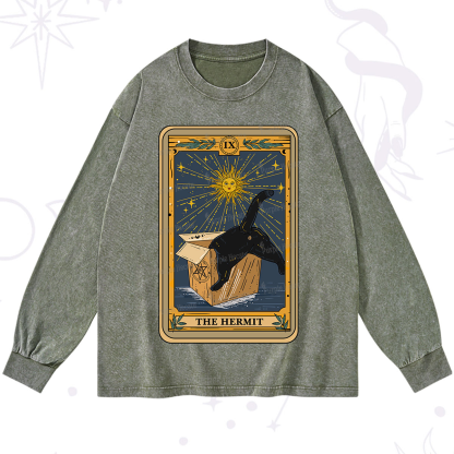 Purplehecate The Cardboard Hermit Cat Tarot Washed Long Sleeve Shirt