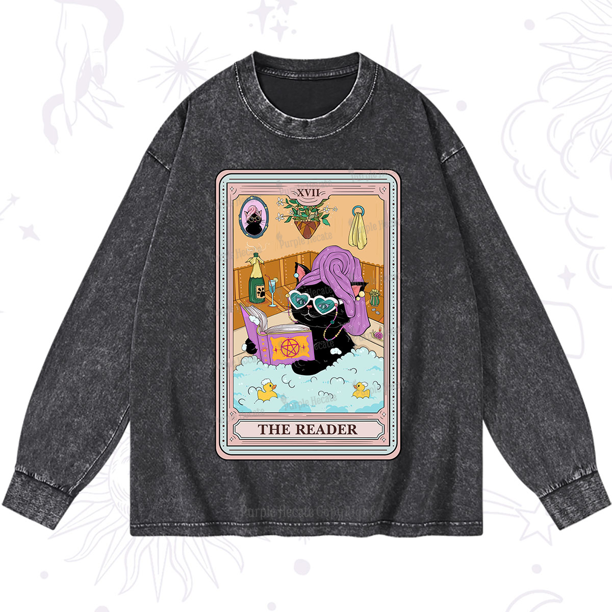 Purplehecate The Reader Cat Tarot Washed Long Sleeve Shirt