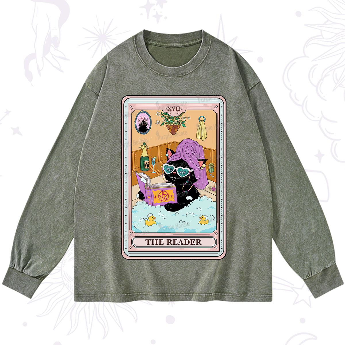 Purplehecate The Reader Cat Tarot Washed Long Sleeve Shirt