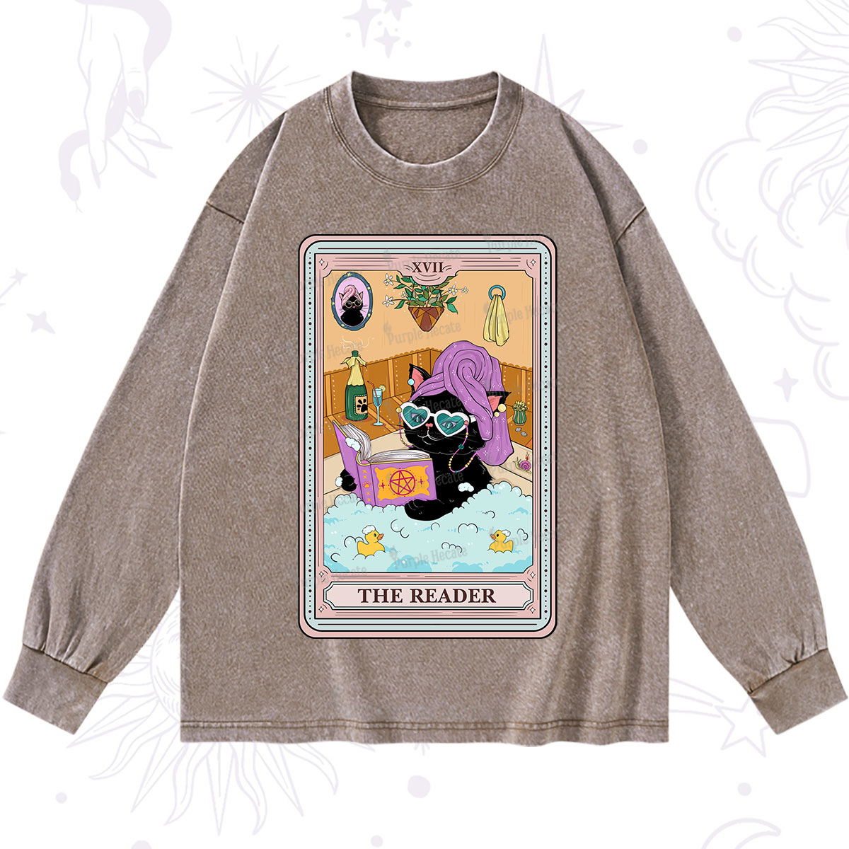 Purplehecate The Reader Cat Tarot Washed Long Sleeve Shirt