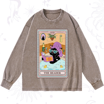Purplehecate The Reader Cat Tarot Washed Long Sleeve Shirt