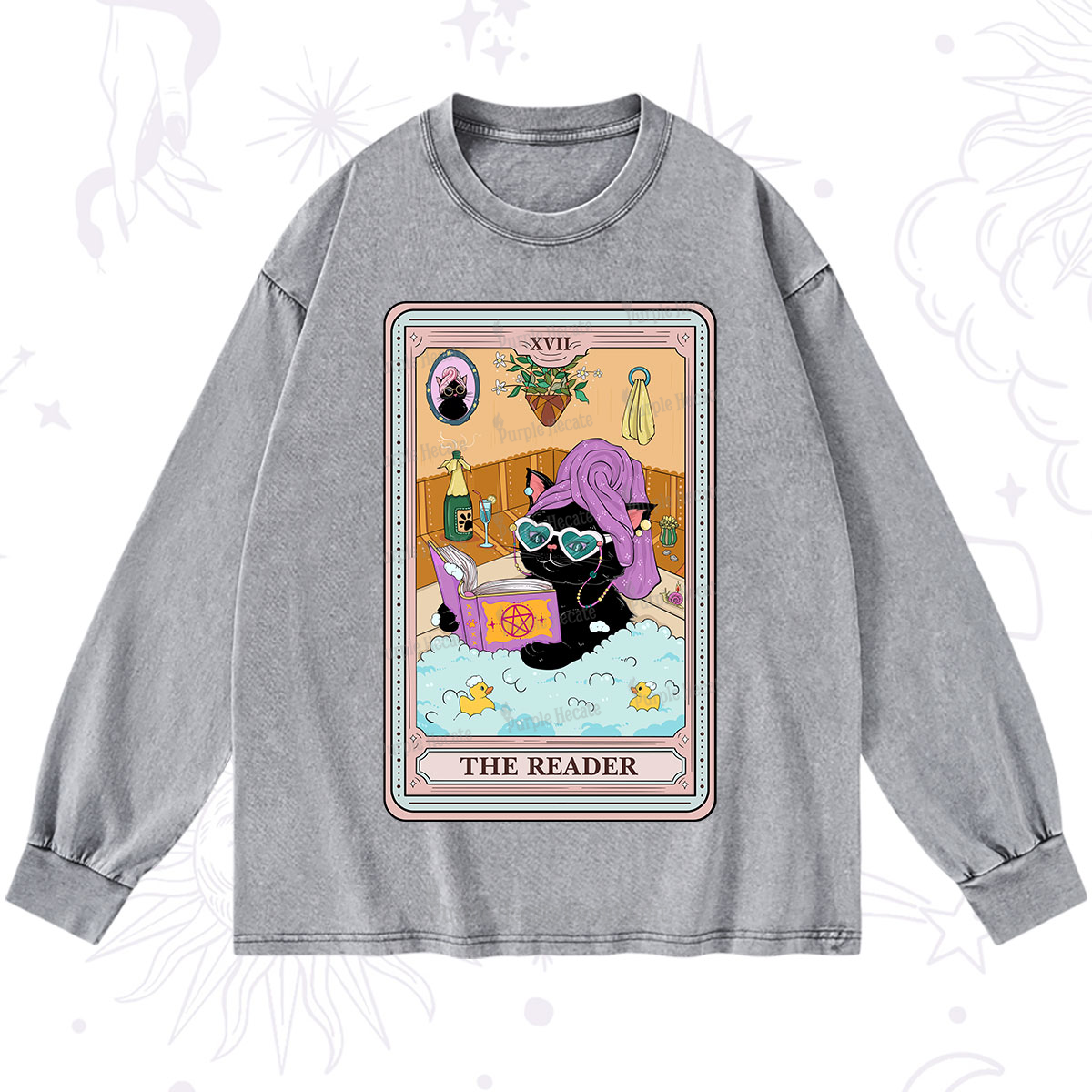 Purplehecate The Reader Cat Tarot Washed Long Sleeve Shirt