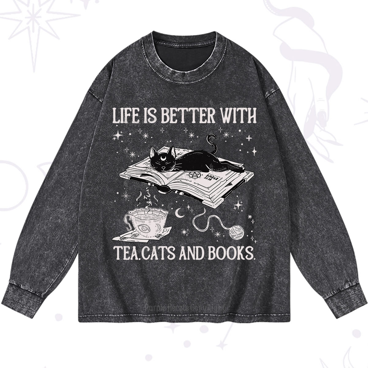 Purplehecate Life Is Better With Cats And Books Washed Long Sleeve Shirt