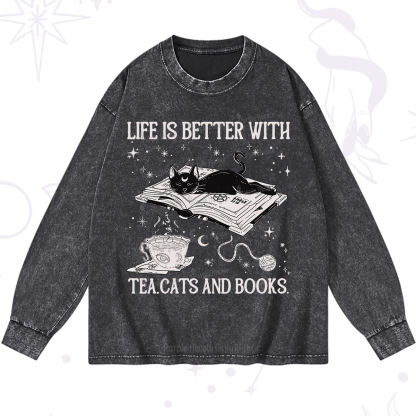 Purplehecate Life Is Better With Cats And Books Washed Long Sleeve Shirt