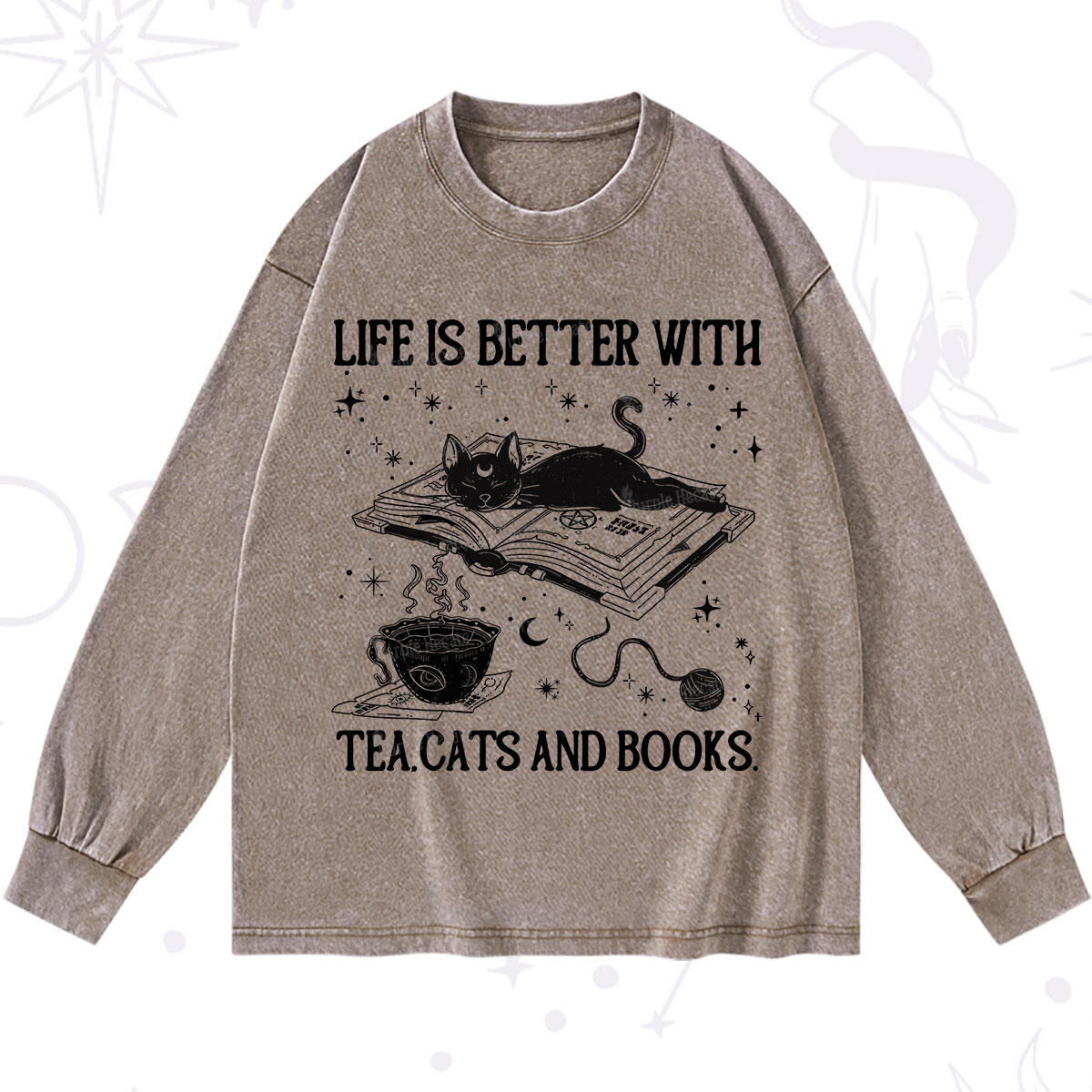 Purplehecate Life Is Better With Cats And Books Washed Long Sleeve Shirt