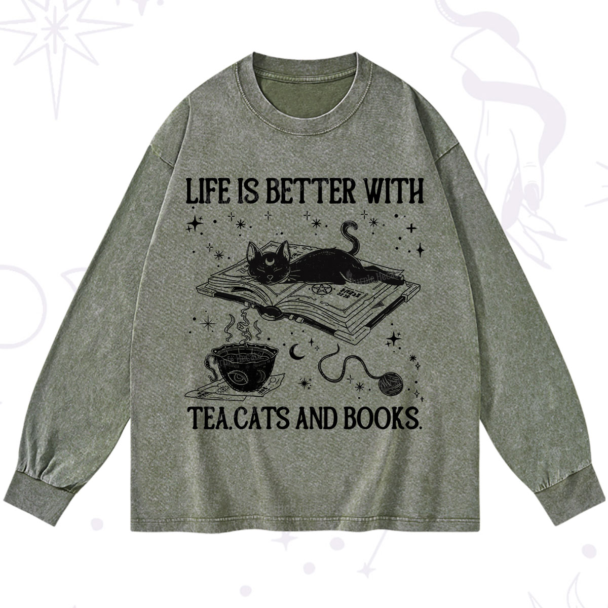 Purplehecate Life Is Better With Cats And Books Washed Long Sleeve Shirt