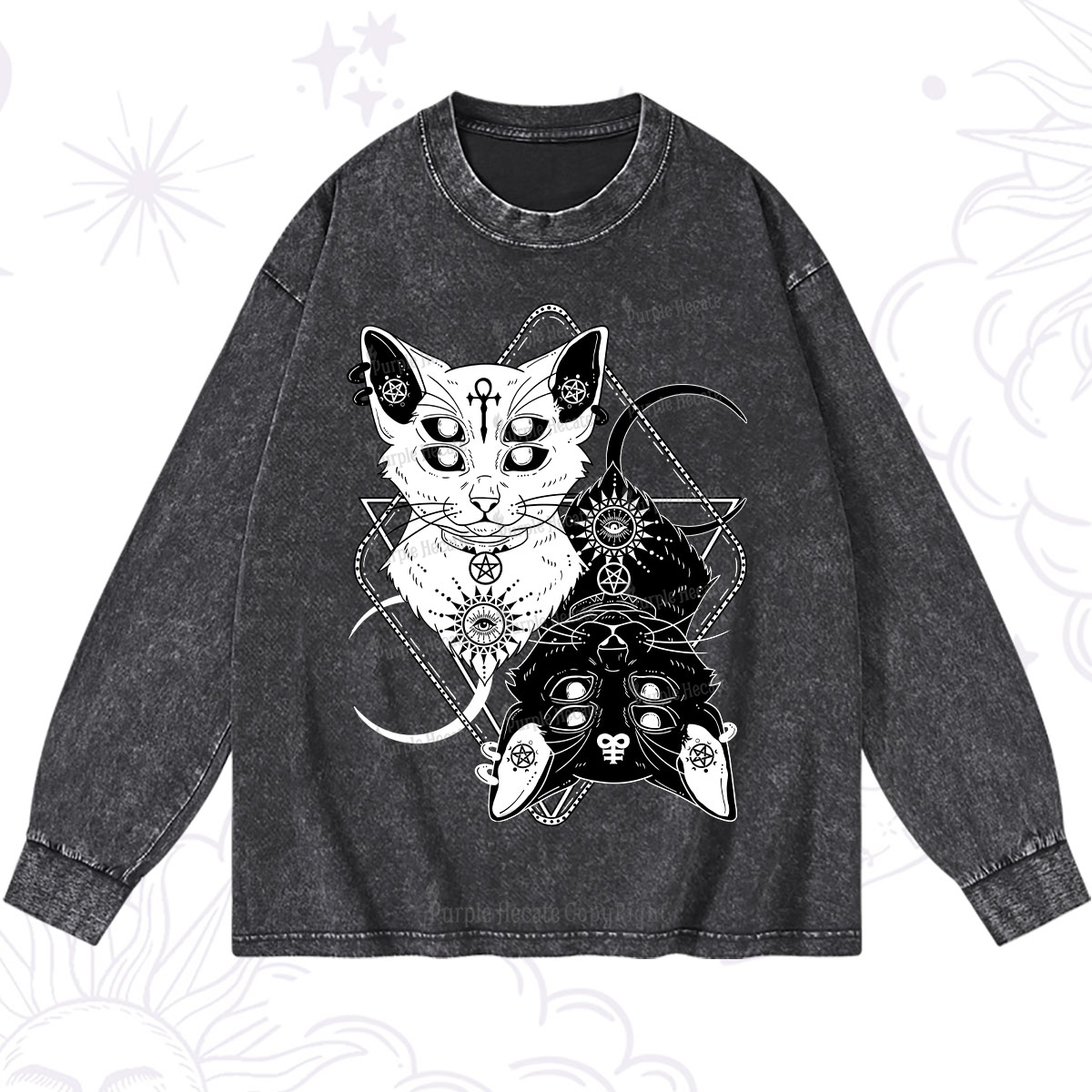 Purplehecate Occult Mirror Cats Washed Long Sleeve Shirt
