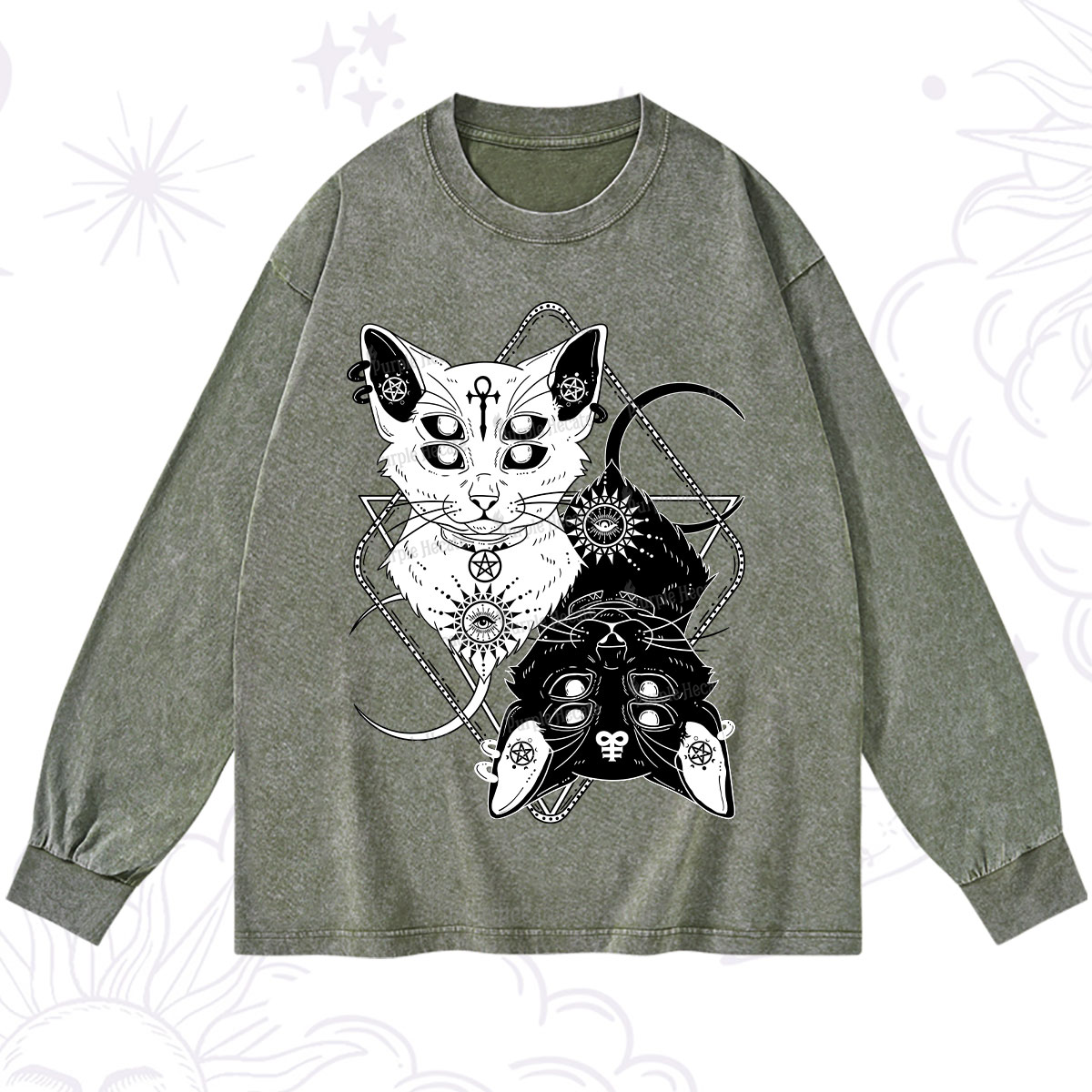 Purplehecate Occult Mirror Cats Washed Long Sleeve Shirt