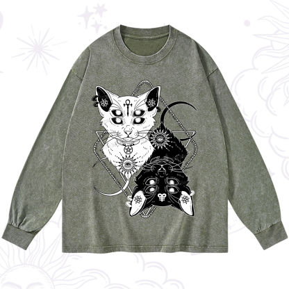 Purplehecate Occult Mirror Cats Washed Long Sleeve Shirt